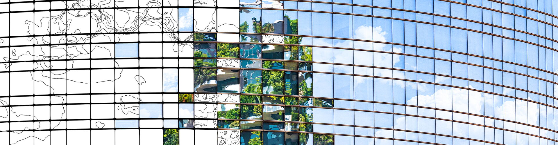 Headerbild ESG - Glasfassade spiegelt Wolken und Begrünung