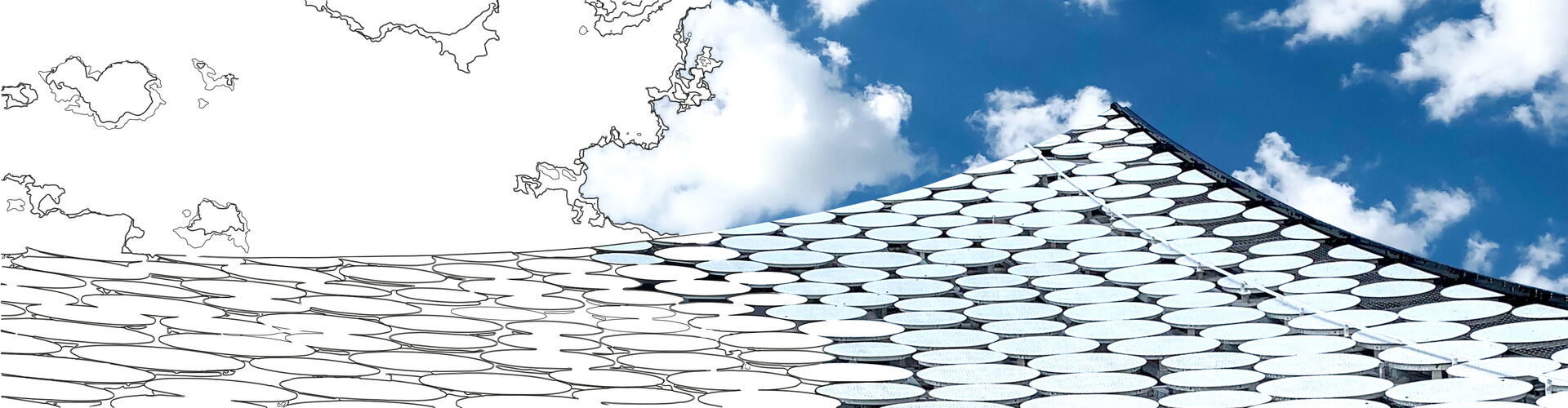 Digital Artwork aus Foto und Skizze, Dach der Elbphilharmonie und Wolken am Himmel