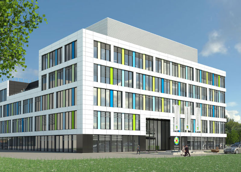 Großes freistehendes Gebäude mit bunter Fassade
